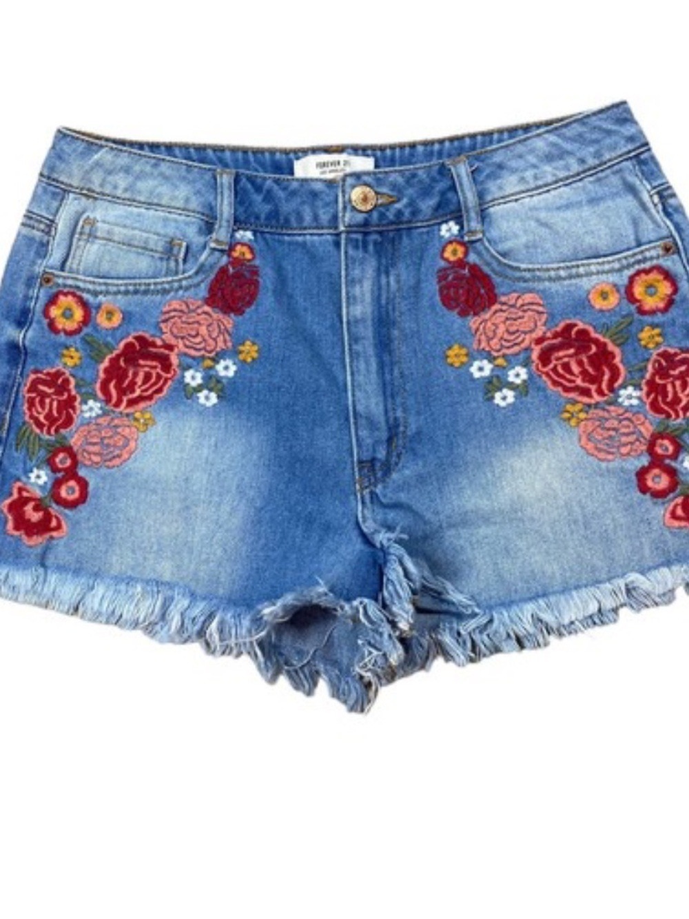 Forever 21 Blue Denim Shorts with Floral Embroidery high rise cutoffs size 28